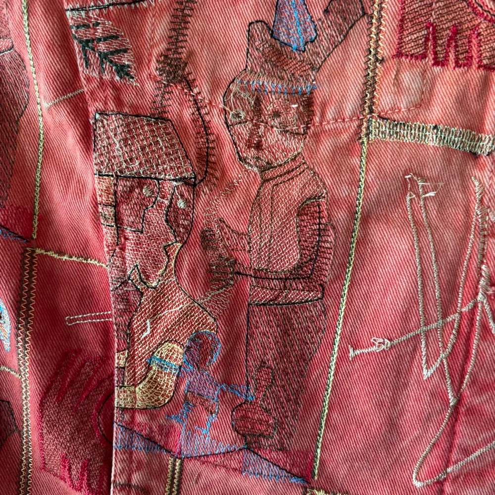 CHICOS DESIGN WOMEN OMBRÉ EMBROIDERED TRIBAL AZTEC THEME DENIM JACKET SZ 0